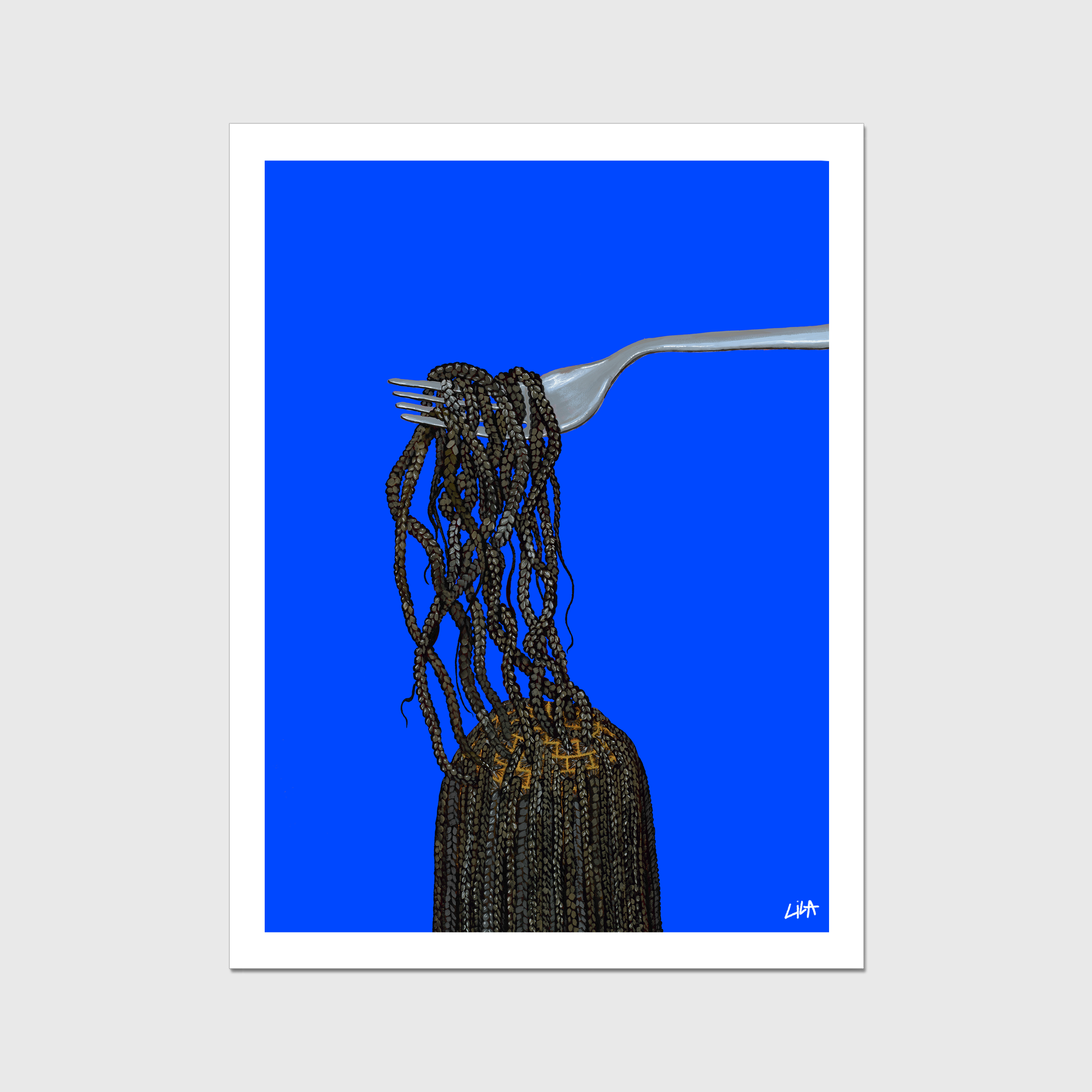 unframed artwork of a fork with pasta against a blue background
